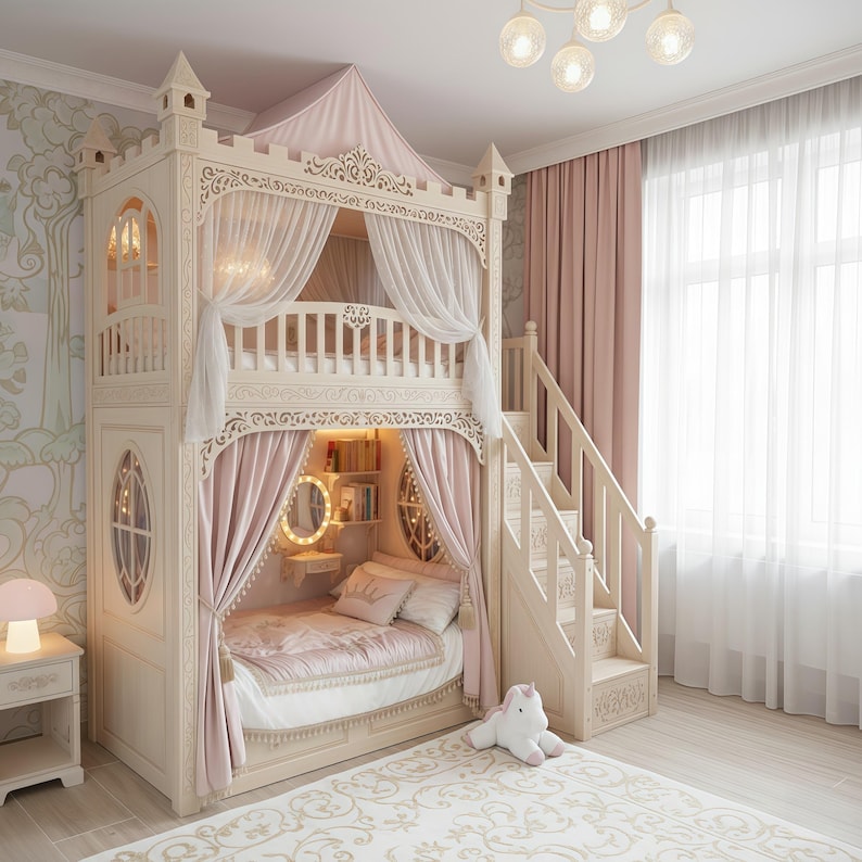 Ornate Princess Castle Bunk Bed with Storage Stairs & Canopy