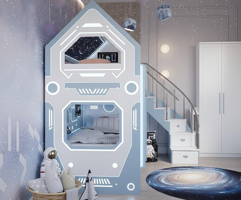 Space Bunk Bed with LED Lights | Kids Futuristic Loft Bed