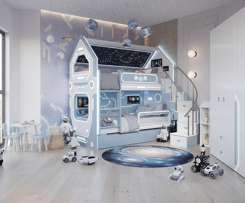 Space Bunk Bed with LED Lights | Kids Futuristic Loft Bed