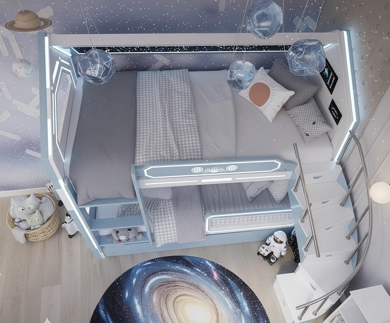 Space Bunk Bed with LED Lights | Kids Futuristic Loft Bed