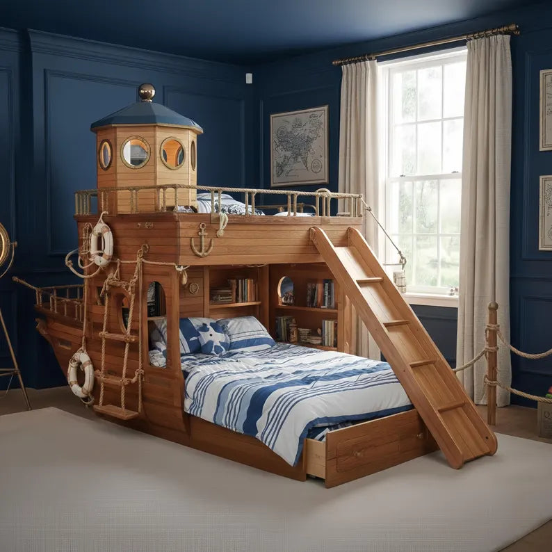 Nautical Boat Bunk Bed with Slide | Captain's Cabin Loft Bed