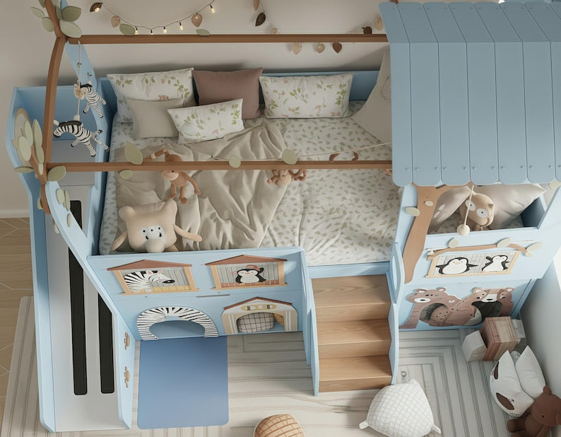 Safari Animal Treehouse Bunk Bed with Slide | Blue Jungle Themed Loft Bed with Playhouse & Storage Stairs