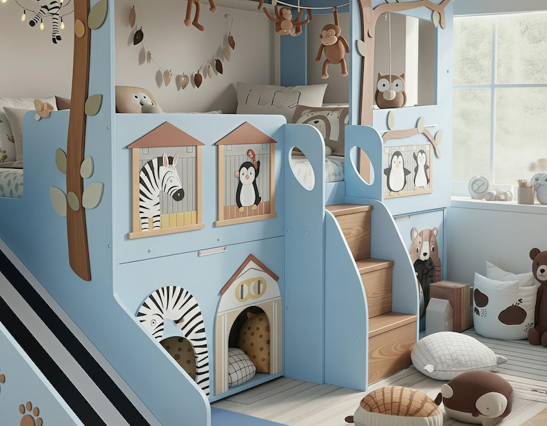 Safari Animal Treehouse Bunk Bed with Slide | Blue Jungle Themed Loft Bed with Playhouse & Storage Stairs