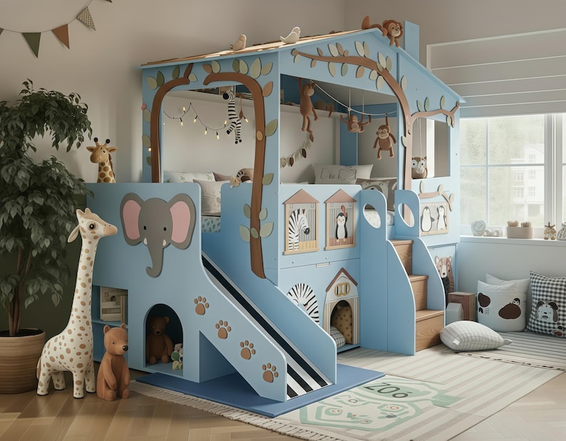 Safari Animal Treehouse Bunk Bed with Slide | Blue Jungle Themed Loft Bed with Playhouse & Storage Stairs