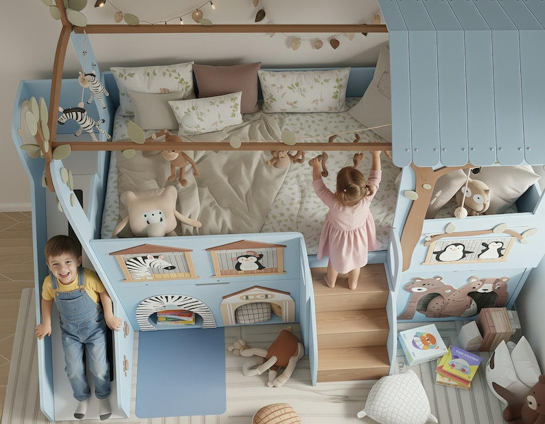Safari Animal Treehouse Bunk Bed with Slide | Blue Jungle Themed Loft Bed with Playhouse & Storage Stairs
