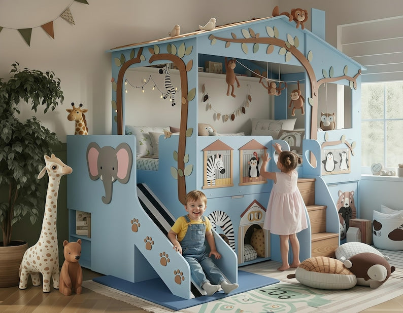Safari Animal Treehouse Bunk Bed with Slide | Blue Jungle Themed Loft Bed with Playhouse & Storage Stairs