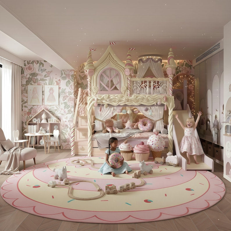 Candy Land Bunk Bed with Slide and Storage Stairs | Princess Sweet Shop Loft Bed with Turrets | Cream Fairy Tale Furniture