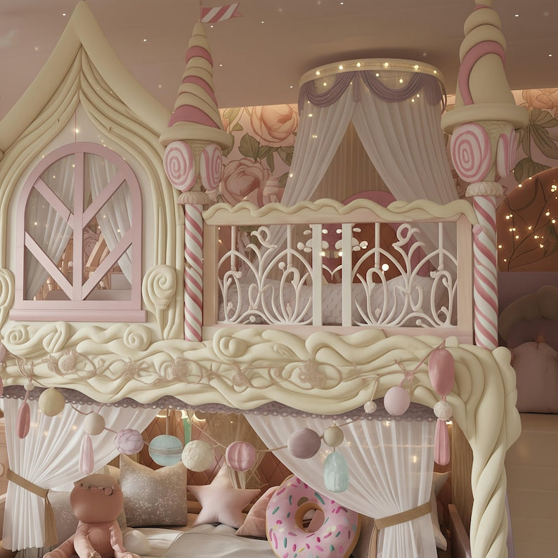 Candy Land Bunk Bed with Slide and Storage Stairs | Princess Sweet Shop Loft Bed with Turrets | Cream Fairy Tale Furniture