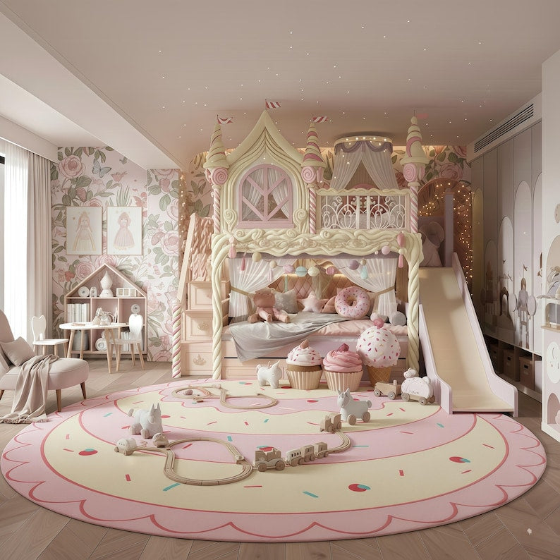 Candy Land Bunk Bed with Slide and Storage Stairs | Princess Sweet Shop Loft Bed with Turrets | Cream Fairy Tale Furniture