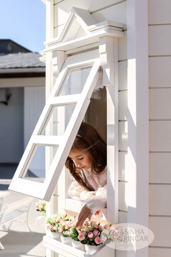 Luxury Wooden Playhouse for Kids with Loft – Handcrafted Cedar Cottage, Shingle Roof, Flower Boxes – Outdoor Pretend Play House